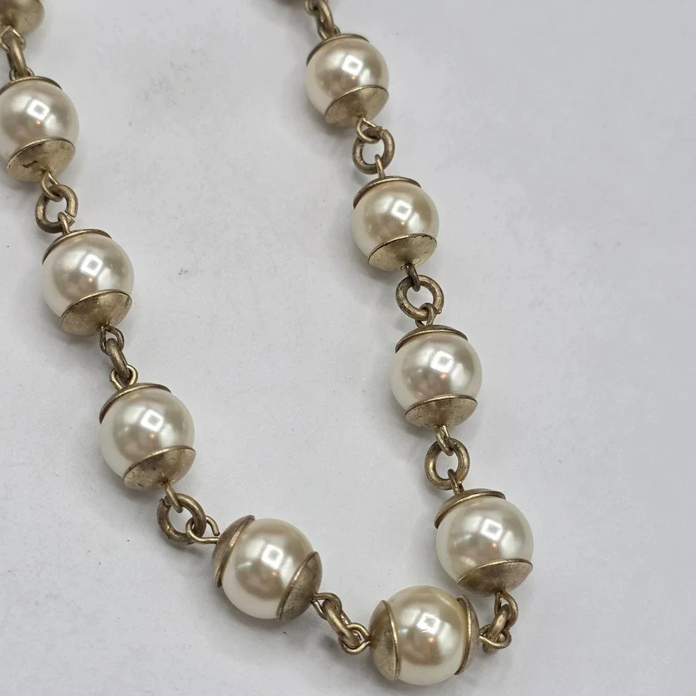 Anne Klein Gold Tone Faux Pearl Bead Cap Link Necklace with Lion Logo Charm